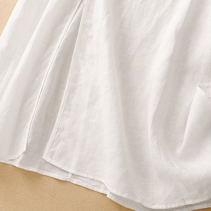 Vestido midi de verano para mujer de algodón y lino con cuello en V y botones de rana, manga corta y estampado de Buddha Stones