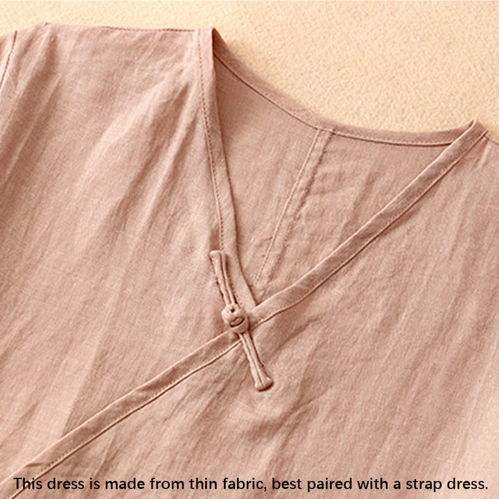 Vestido midi de verano para mujer de algodón y lino con cuello en V y botones de rana, manga corta y estampado de Buddha Stones - image 2