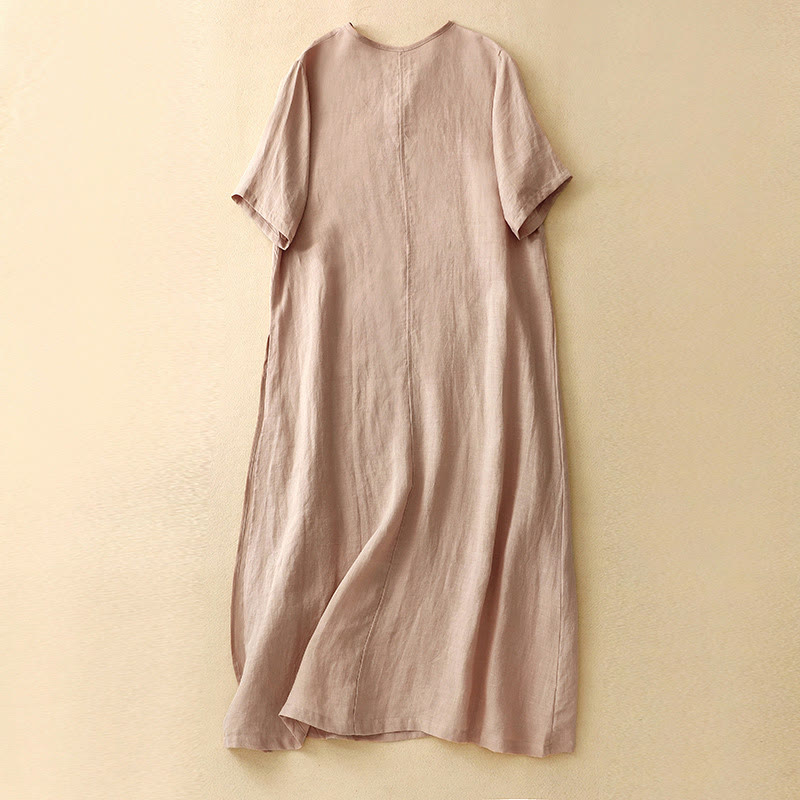Vestido midi de verano para mujer de algodón y lino con cuello en V y botones de rana, manga corta y estampado de Buddha Stones