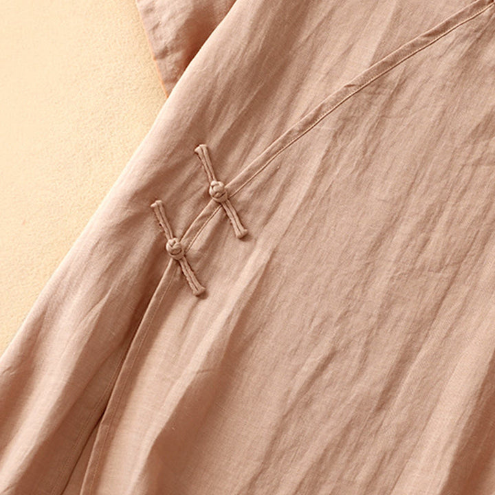 Vestido midi de verano para mujer de algodón y lino con cuello en V y botones de rana, manga corta y estampado de Buddha Stones