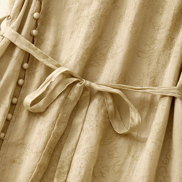 Vestido midi de verano de algodón y lino con cuello en V, mangas cortas y cordones para mujer, con bolsillos y estampado de Buddha Stones - image 5