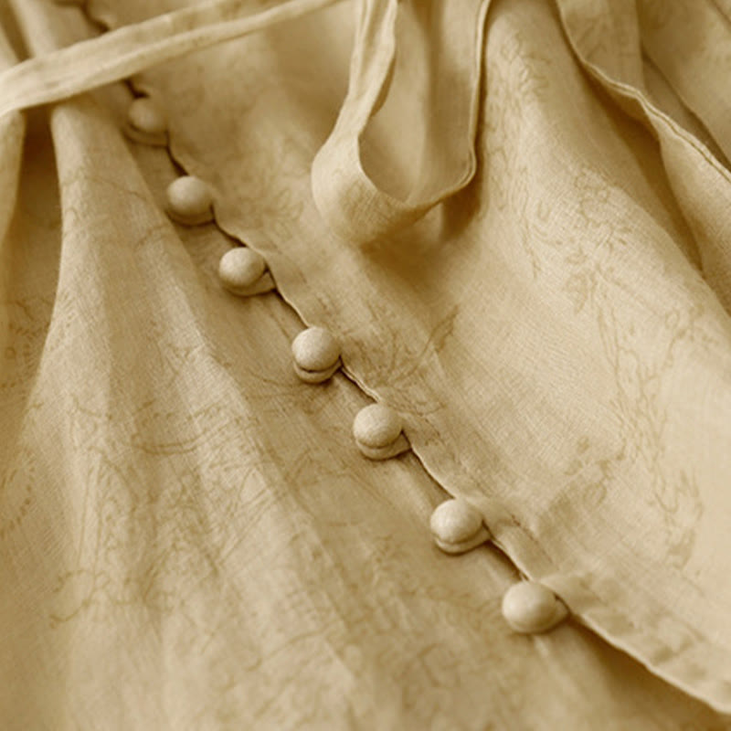 Vestido midi de verano de algodón y lino con cuello en V, mangas cortas y cordones para mujer, con bolsillos y estampado de Buddha Stones - image 7