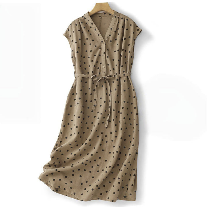 Vestido midi de verano de algodón y lino con cuello en V, lunares y cordones para mujer, con bolsillos, de Buddha Stones - Broncearse - US14，UK/AU18，EU46 (2XL) - image 0