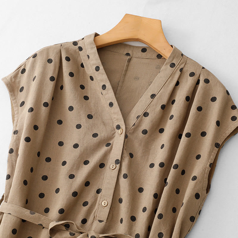 Vestido midi de verano de algodón y lino con cuello en V, lunares y cordones para mujer, con bolsillos, de Buddha Stones - image 1