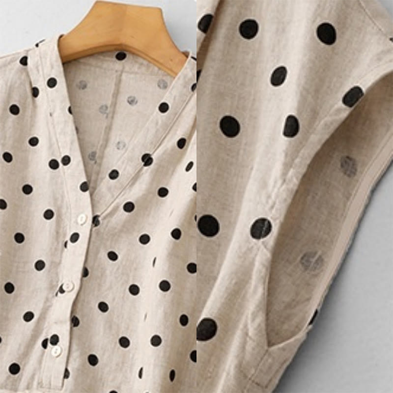 Vestido midi de verano de algodón y lino con cuello en V, lunares y cordones para mujer, con bolsillos, de Buddha Stones - image 17