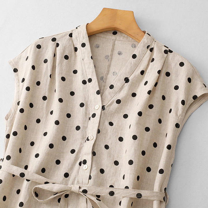 Vestido midi de verano de algodón y lino con cuello en V, lunares y cordones para mujer, con bolsillos, de Buddha Stones - image 10