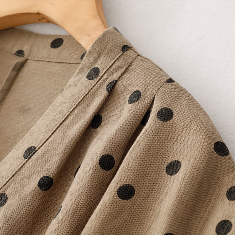 Vestido midi de verano de algodón y lino con cuello en V, lunares y cordones para mujer, con bolsillos, de Buddha Stones - image 2