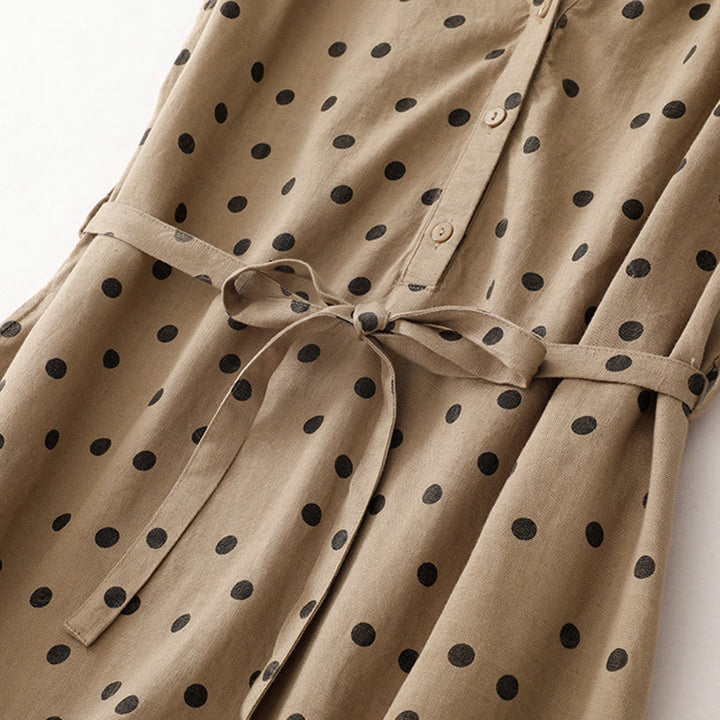 Vestido midi de verano de algodón y lino con cuello en V, lunares y cordones para mujer, con bolsillos, de Buddha Stones - image 5
