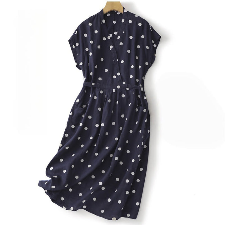 Vestido midi de lino y algodón con cuello en V, encaje y lunares de Buddha Stones para mujer, con bolsillos