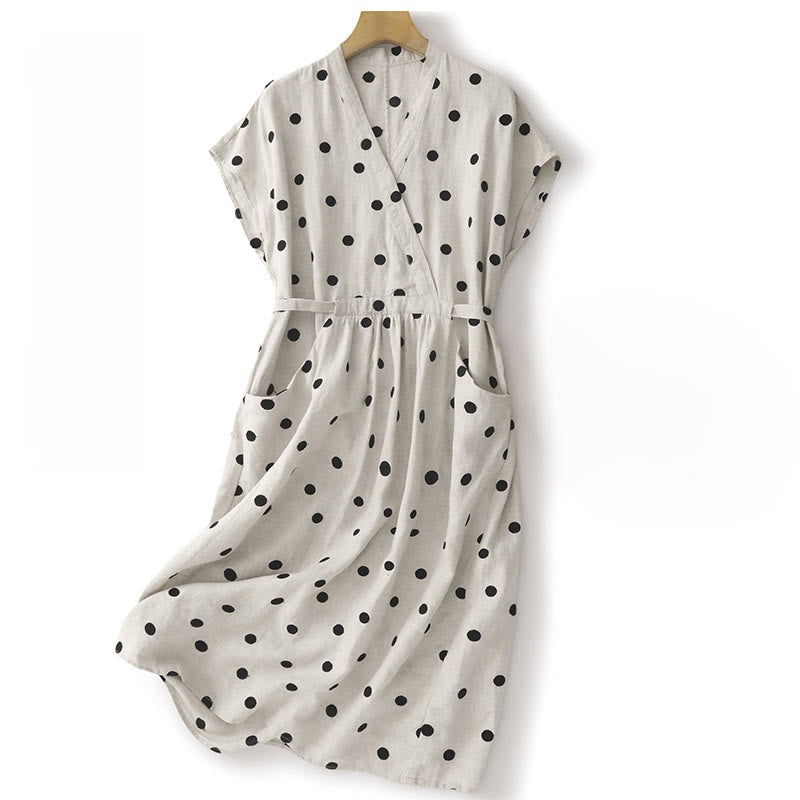 Vestido midi de lino y algodón con cuello en V, encaje y lunares de Buddha Stones para mujer, con bolsillos