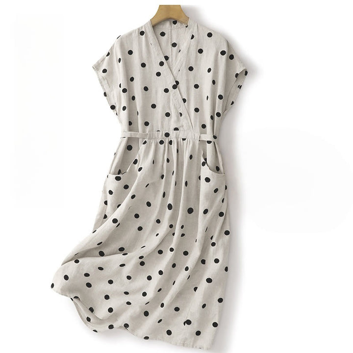 Vestido midi de lino y algodón con cuello en V, encaje y lunares de Buddha Stones para mujer, con bolsillos