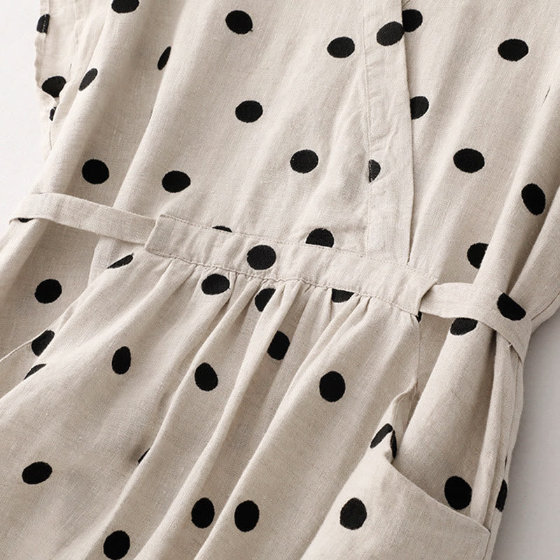 Vestido midi de lino y algodón con cuello en V, encaje y lunares de Buddha Stones para mujer, con bolsillos - image 12