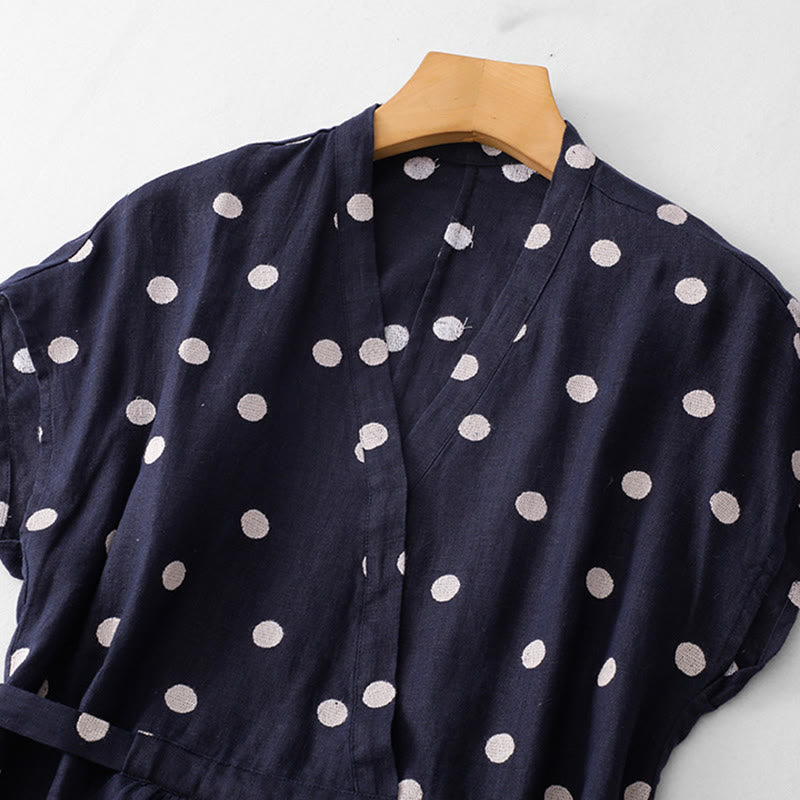 Vestido midi de mujer con estampado de Buddha Stones, lunares, escote en V, cordones y bolsillos. - image 1