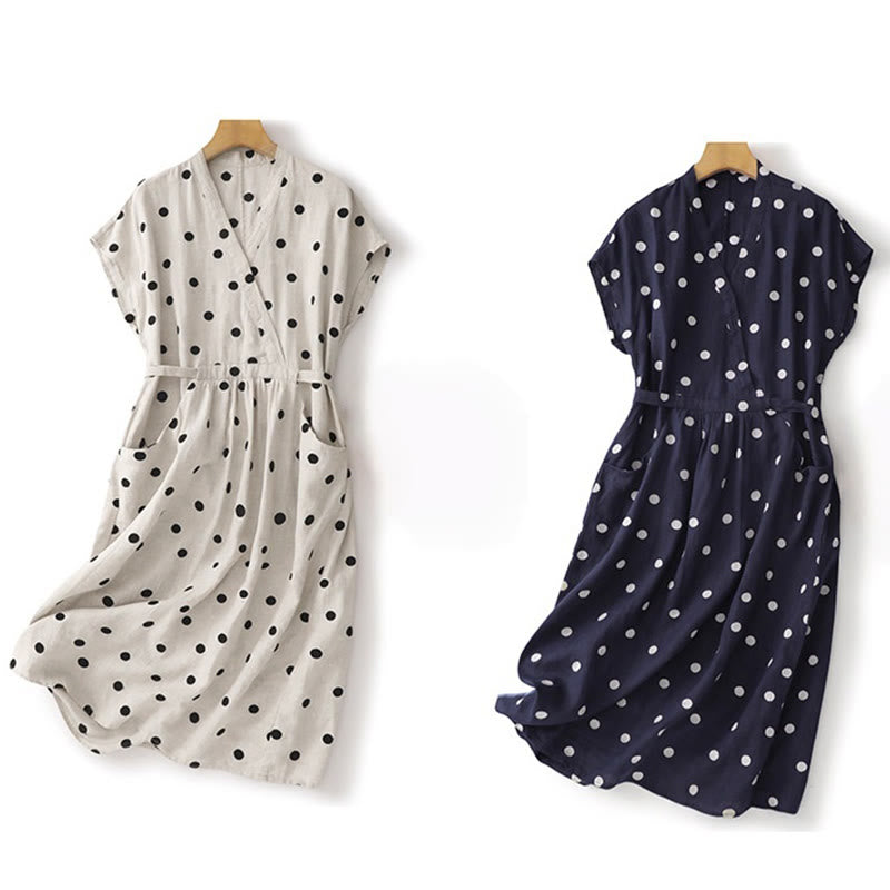 Vestido midi de lino y algodón con cuello en V, encaje y lunares de Buddha Stones para mujer, con bolsillos