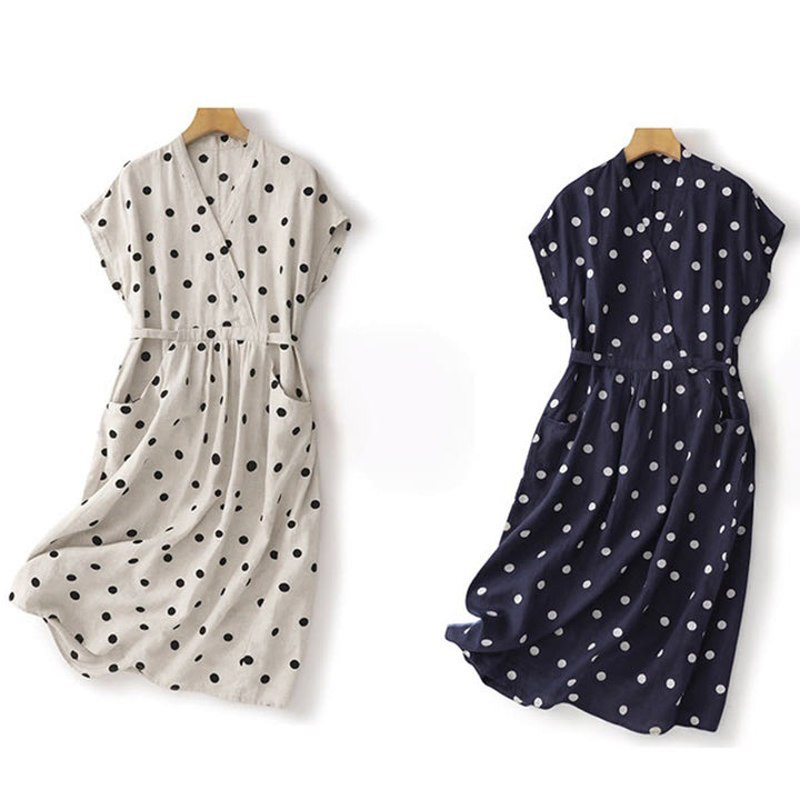 Vestido midi de lino y algodón con cuello en V, encaje y lunares de Buddha Stones para mujer, con bolsillos