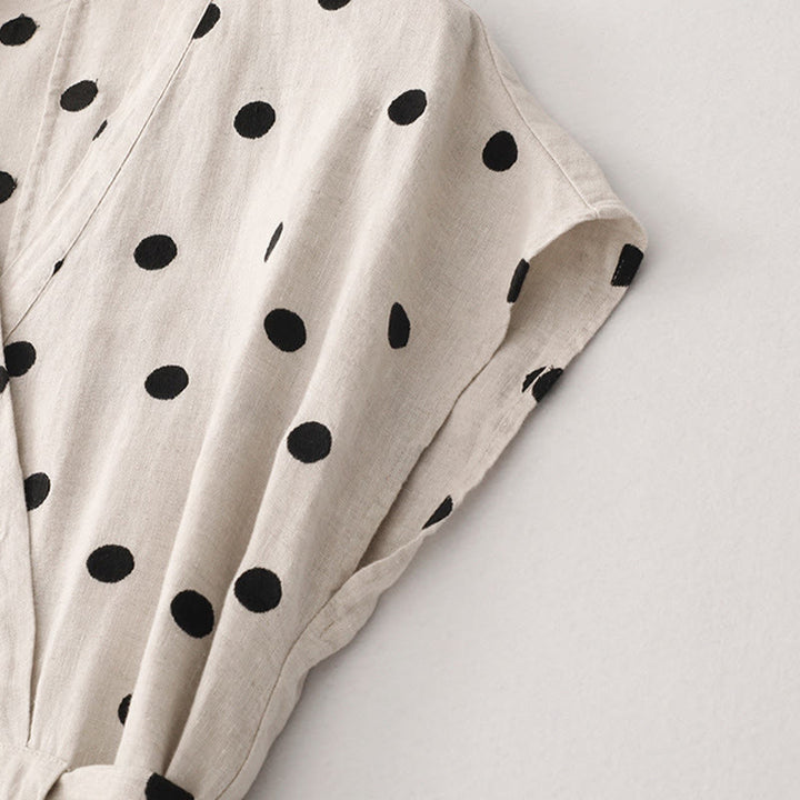 Vestido midi de lino y algodón con cuello en V, encaje y lunares de Buddha Stones para mujer, con bolsillos - image 11