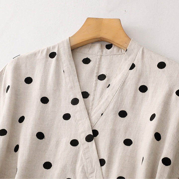 Vestido midi de mujer con estampado de Buddha Stones, lunares, escote en V, cordones y bolsillos. - image 10