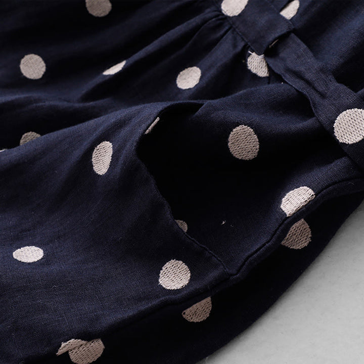 Vestido midi de lino y algodón con cuello en V, encaje y lunares de Buddha Stones para mujer, con bolsillos - image 5