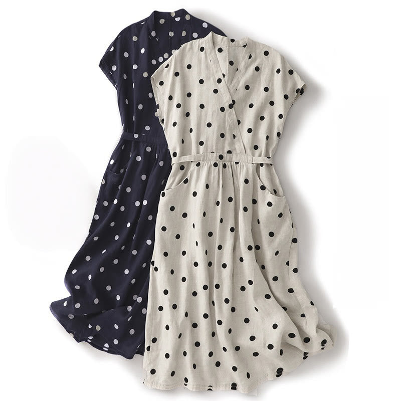 Vestido midi de mujer con estampado de Buddha Stones, lunares, escote en V, cordones y bolsillos. - image 18