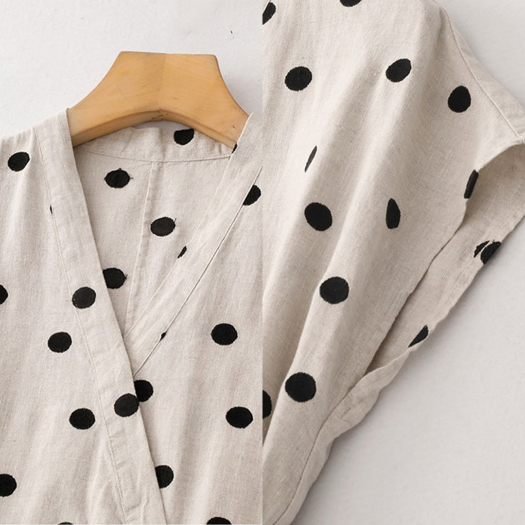 Vestido midi de lino y algodón con cuello en V, encaje y lunares de Buddha Stones para mujer, con bolsillos - image 16