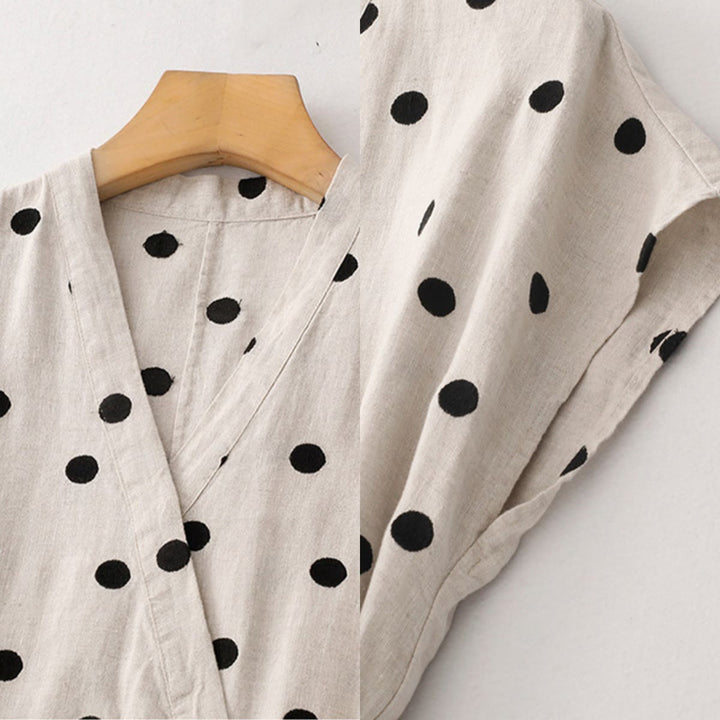 Vestido midi de lino y algodón con cuello en V, encaje y lunares de Buddha Stones para mujer, con bolsillos - image 16