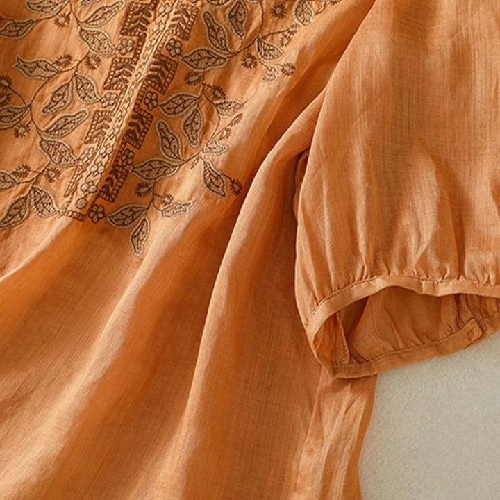 Camiseta informal de algodón y lino para mujer, de media manga, con encaje bordado y Buddha Stones - image 3