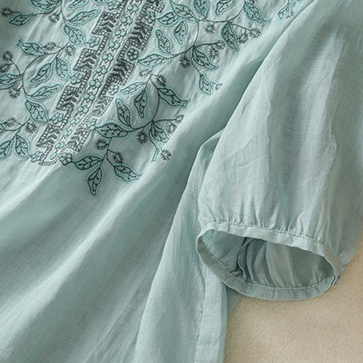 Camiseta informal de algodón y lino para mujer, de media manga, con encaje bordado y Buddha Stones - image 18