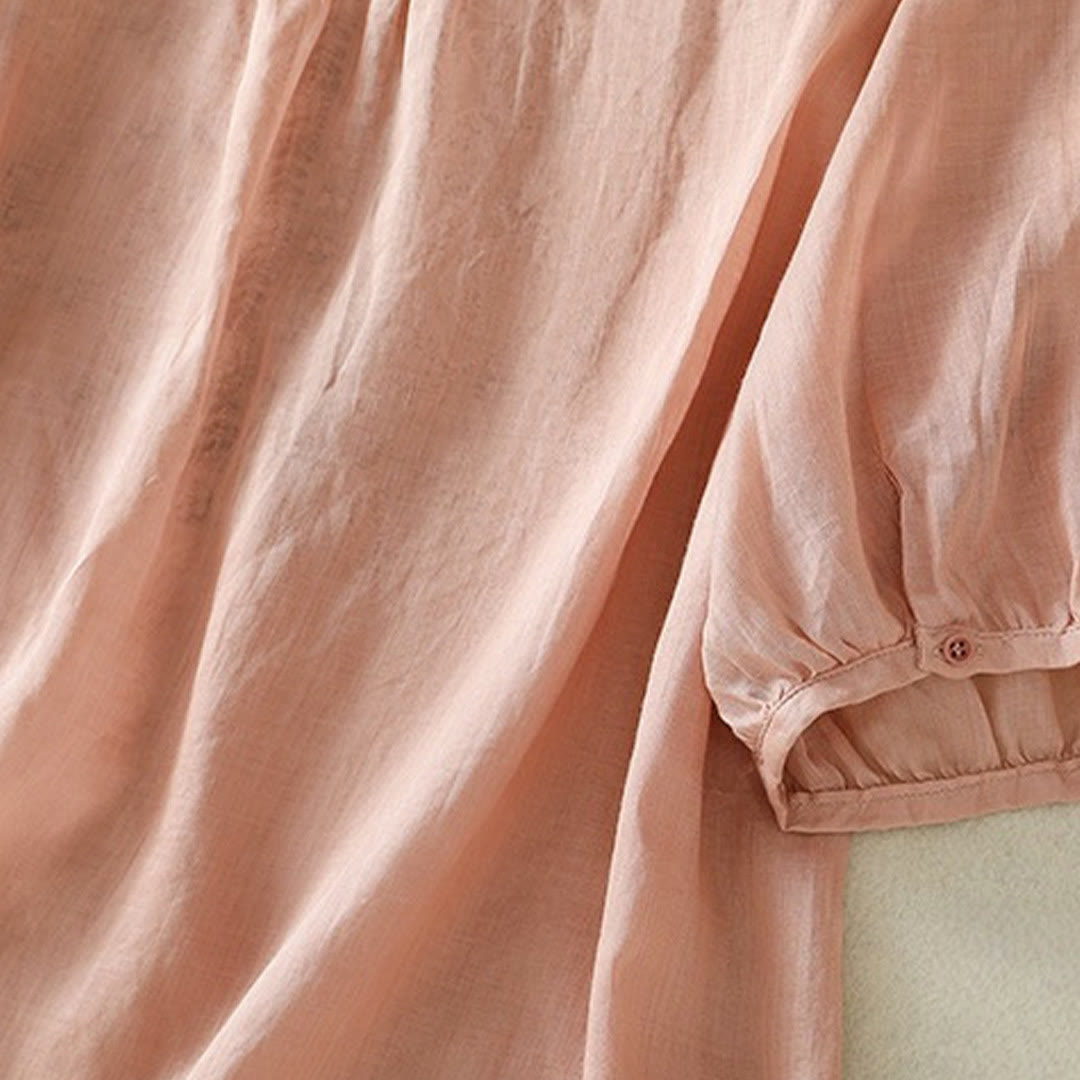 Camiseta informal de algodón y lino para mujer, de media manga, con encaje bordado y Buddha Stones - image 24