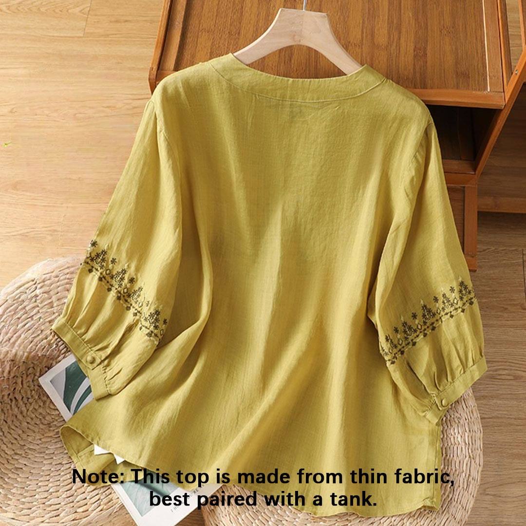 Camisa de algodón con cuello redondo y bordado simétrico de Buddha Stones para mujer - image 17