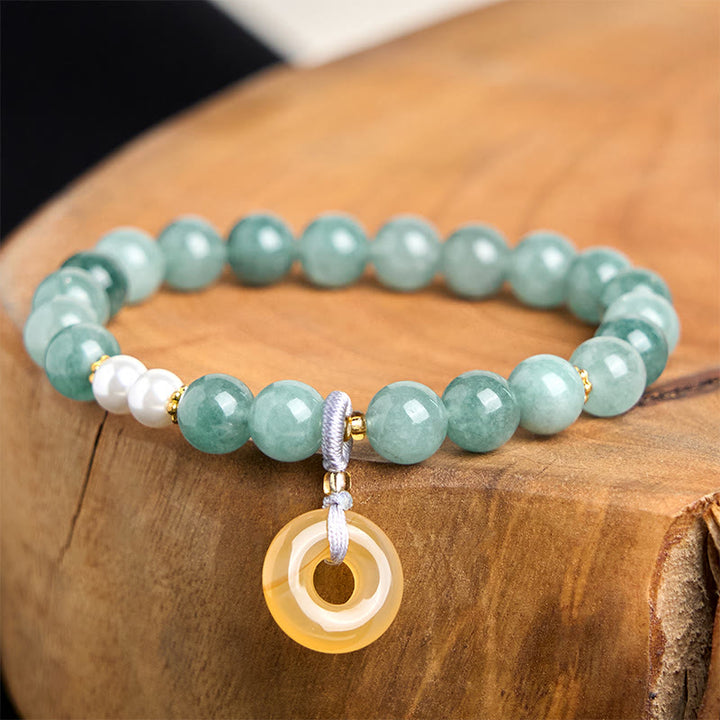 Pulsera de prosperidad con cuentas de perla y hebilla de paz de jade azul y Buddha Stones