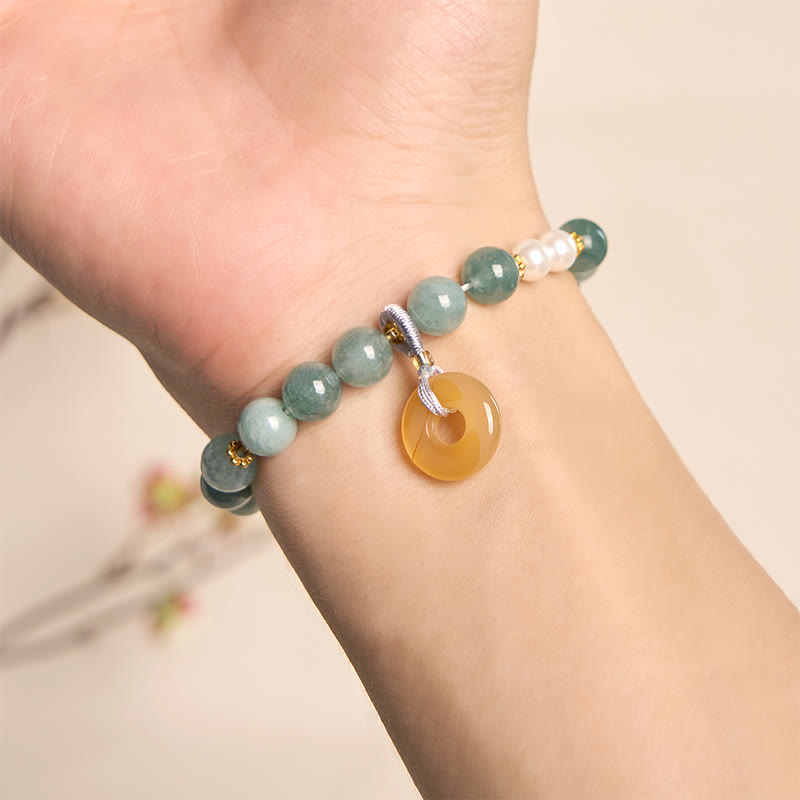 Pulsera de prosperidad con cuentas de perla y hebilla de paz de jade azul y Buddha Stones