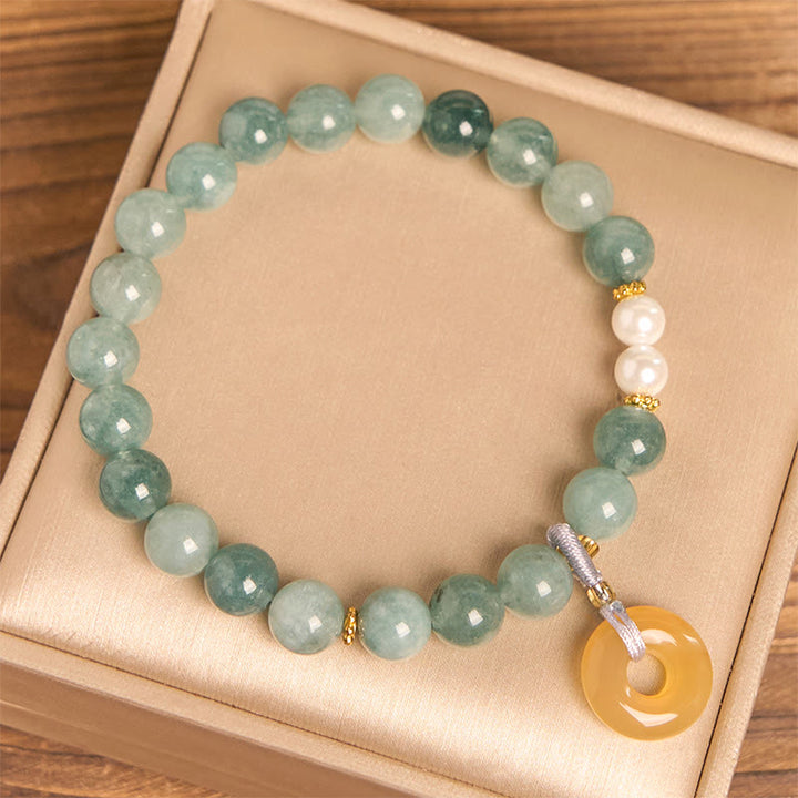 Pulsera de prosperidad con cuentas de perla y hebilla de paz de jade azul y Buddha Stones