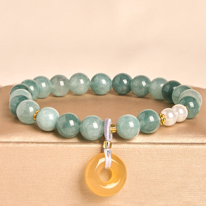 Pulsera de prosperidad con cuentas de perla y hebilla de paz de jade azul y Buddha Stones
