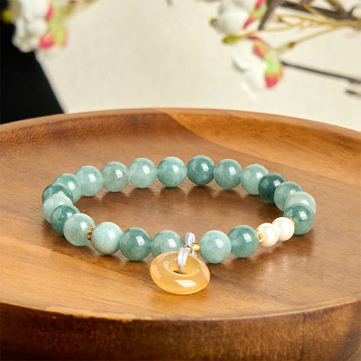Pulsera de prosperidad con cuentas de perla y hebilla de paz de jade azul y Buddha Stones