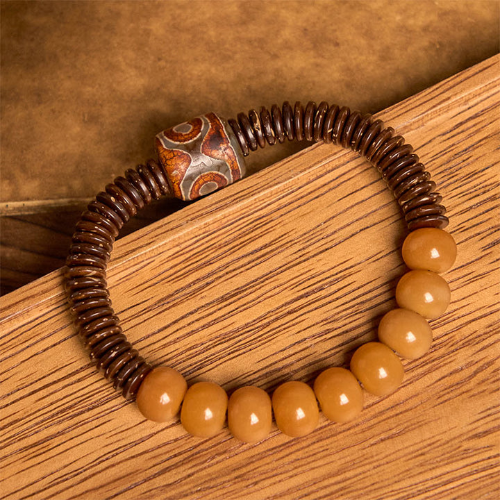 Pulsera de sabiduría de cáscara de coco con cuentas Dzi de semillas de bodhi tibetanas y Buddha Stones