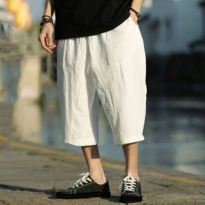 Pantalones de lino y algodón con diseño plisado de Buddha Stones para hombre, de verano, con cordón ajustable, de largo 7-8 y bolsillos - Blanco - US/UK/AU46, EU56 (5XL) - image 26