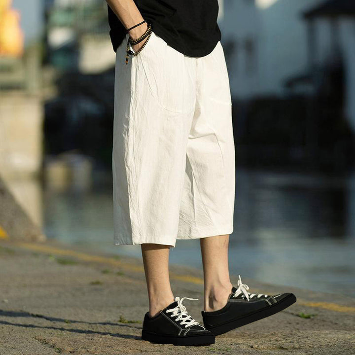 Pantalones de lino y algodón con diseño plisado de Buddha Stones para hombre, de verano, con cordón ajustable, de largo 7-8 y bolsillos - image 28