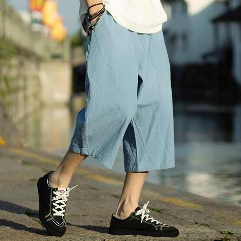 Pantalones de lino y algodón con diseño plisado de Buddha Stones para hombre, de verano, con cordón ajustable, de largo 7-8 y bolsillos - Azul cielo profundo - US/UK/AU46, EU56 (5XL) - image 29
