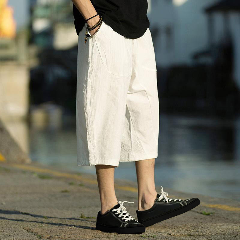 Pantalones de lino y algodón con diseño plisado de Buddha Stones para hombre, de verano, con cordón ajustable, de largo 7-8 y bolsillos - image 28