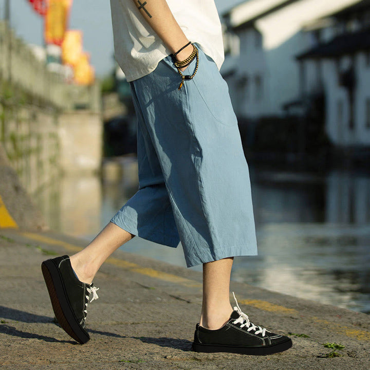 Pantalones de lino y algodón con diseño plisado de Buddha Stones para hombre, de verano, con cordón ajustable, de largo 7-8 y bolsillos - image 31
