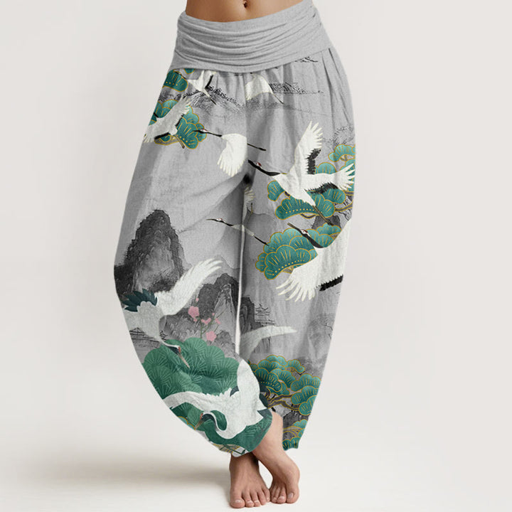 Pantalones tipo harem para mujer, de algodón, estilo informal, con estampado de grullas, pinos y piedras de Buddha Stones. - Gris claro - US22，UK/AU26，EU54 (6XL) - image 0
