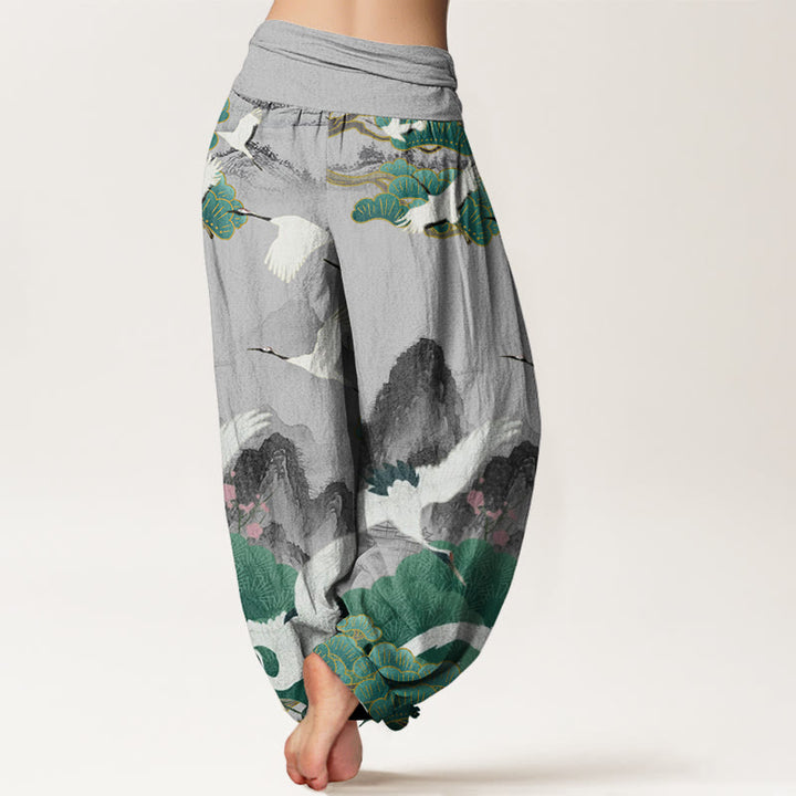Pantalones tipo harem para mujer, de algodón, estilo informal, con estampado de grullas, pinos y piedras de Buddha Stones. - image 1