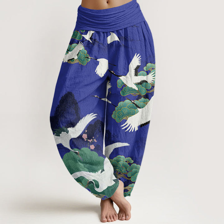 Pantalones tipo harem para mujer, de algodón, estilo informal, con estampado de grullas, pinos y piedras de Buddha Stones. - Índigo - US22，UK/AU26，EU54 (6XL) - image 4