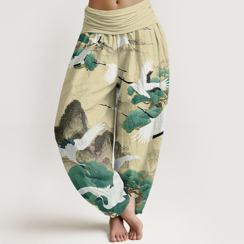 Pantalones tipo harem para mujer, de algodón, estilo informal, con estampado de grullas, pinos y piedras de Buddha Stones. - Chifón de limón - US22，UK/AU26，EU54 (6XL) - image 7