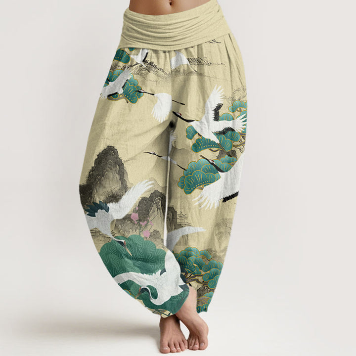 Pantalones tipo harem para mujer, de algodón, estilo informal, con estampado de grullas, pinos y piedras de Buddha Stones. - Chifón de limón - US22，UK/AU26，EU54 (6XL) - image 7