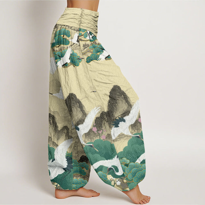 Pantalones harén para mujer con diseño de paisaje de pinos verdes y grullas de Buddha Stones - image 10