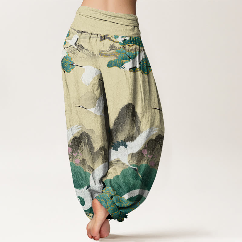 Pantalones tipo harem para mujer, de algodón, estilo informal, con estampado de grullas, pinos y piedras de Buddha Stones. - image 8