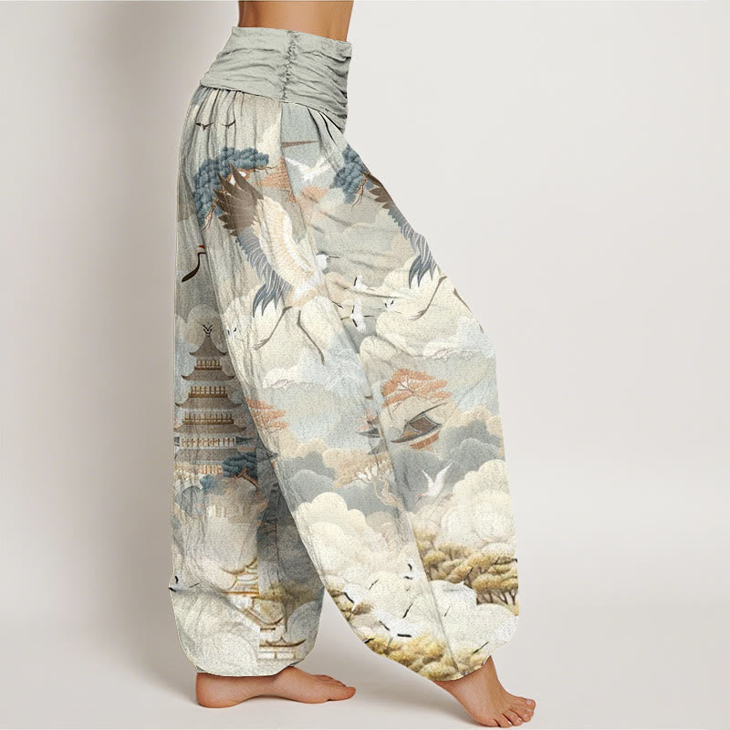 Pantalones bombachos de algodón informal con estampado de Buddha Stones, grullas, nubes y pagodas para mujer - image 2