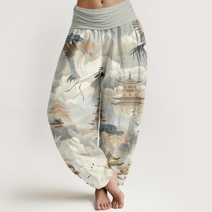 Pantalones bombachos de algodón informal con estampado de Buddha Stones, grullas, nubes y pagodas para mujer - Verde mar oscuro - US22，UK/AU26，EU54 (6XL) - image 0