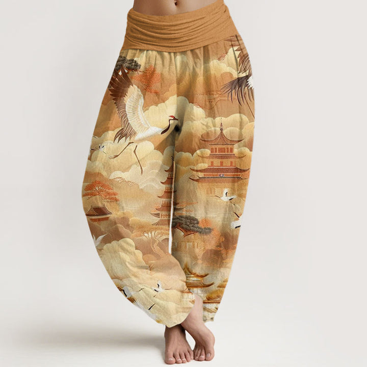 Pantalones bombachos de algodón informal con estampado de Buddha Stones, grullas, nubes y pagodas para mujer - Vara de oro - US22，UK/AU26，EU54 (6XL) - image 7